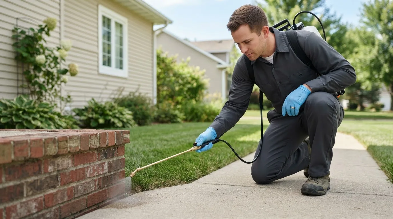 Pest control technician treating a home near West Pittsburg, PA